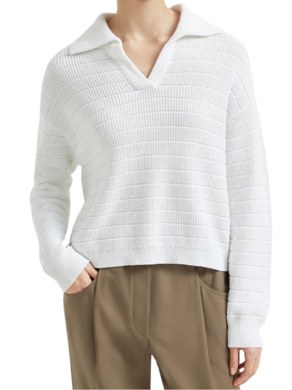 Brunello Cucinelli White Sequin Knit Collared Sweater Size S Made in Italy